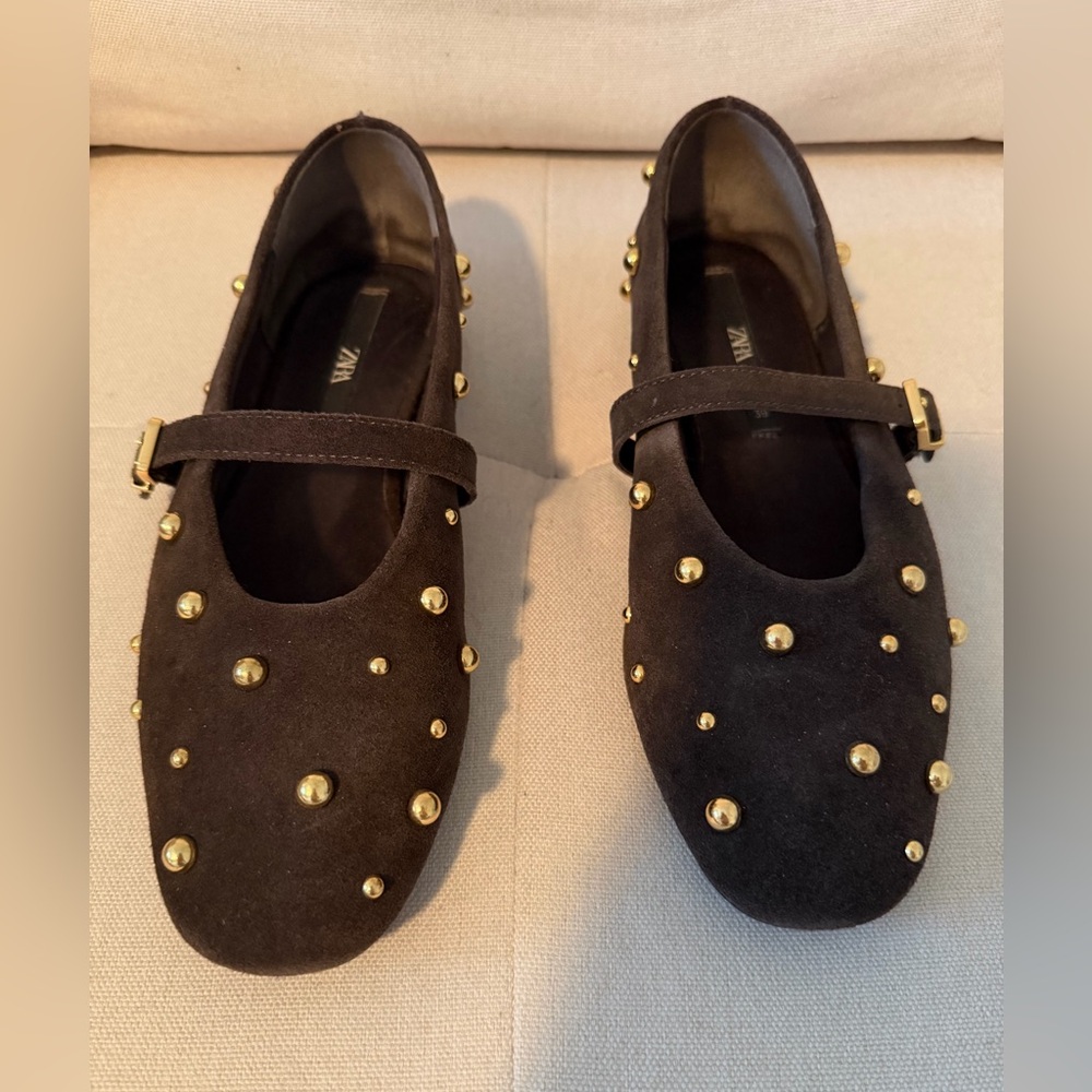 Zara Brown suede gold stud studded Mary Jane flats. Excellent condition!